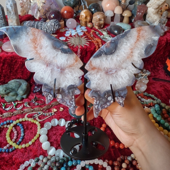 Other - Blue Flower Agate Butterfly Wings & Stand
